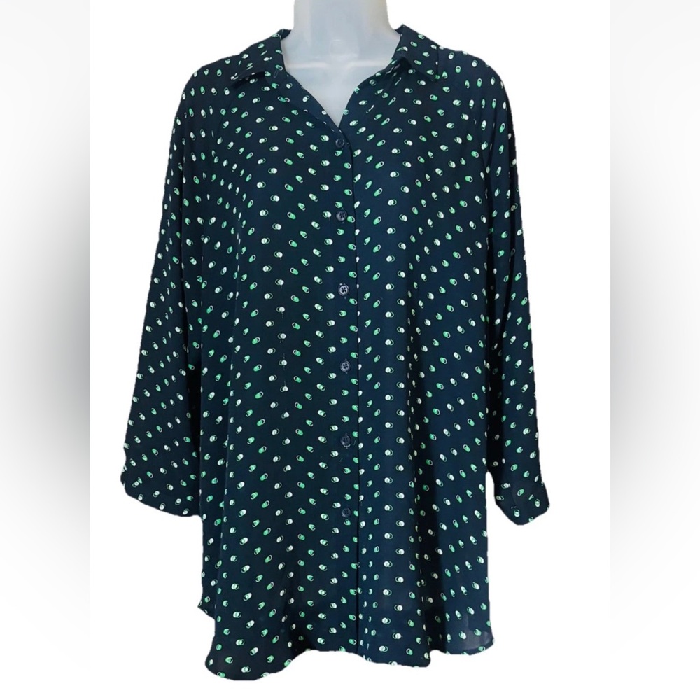 CAbi Style 5019 ButtonBlouse Top Size M Navy Blue Green 3/4 Sleeve Martini Olive